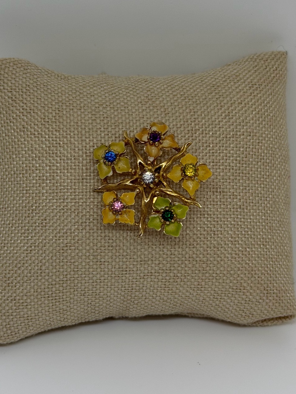 Vintage Floral Enamel Rhinestone Brooch Pin Multicolor Gold Tone Statement - Picture 3 of 7